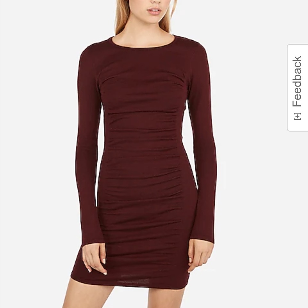 TAN colored Express Ruched Long Sleeve Sweater Dress in Large